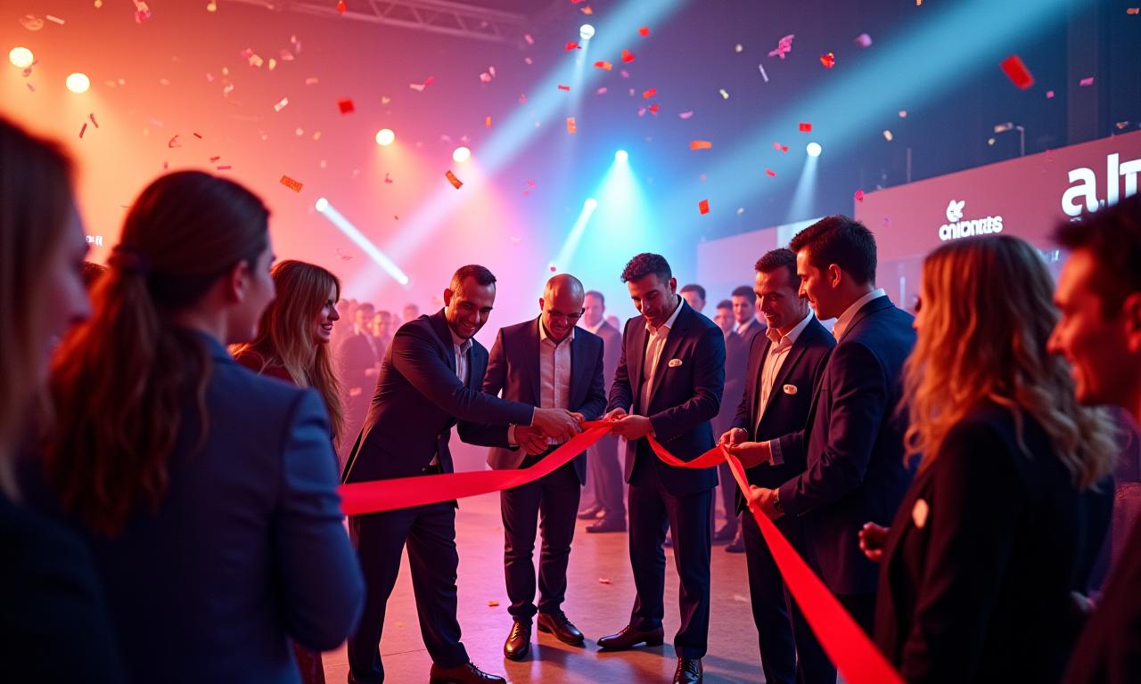 Ribbon cutting ceremony at a product launch.